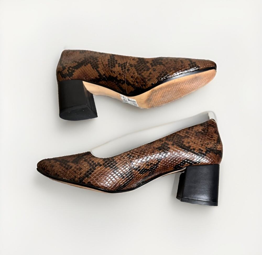 Women’s Snakeskin Print Pumps Size 8.5 Brown Pointed Toe Block Heel Shoes